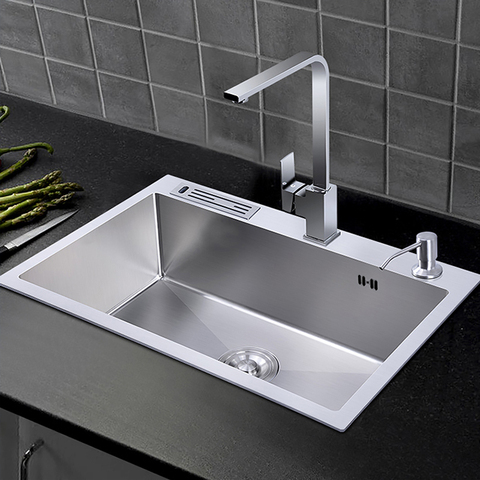 Fregadero de cocina de acero inoxidable 304, con soporte para cuchillos, cuenco individual multifunción, lavabo superior cepillado, accesorio de cocina ► Foto 1/6