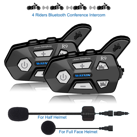 Cascos WAYXIN R9 2 uds intercomunicador Bluetooth para motocicletas 4 conductores que hablan a la vez intercomunicador Bluetooth FM 4 conductores 1500M ► Foto 1/6