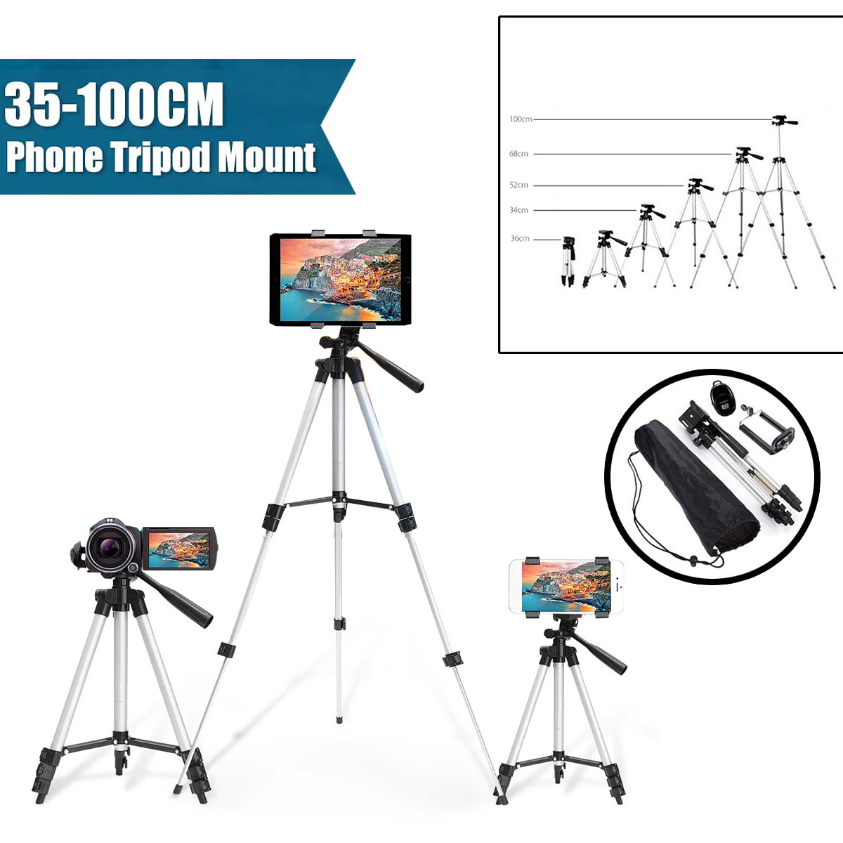36-100cm soporte de trípode ajustable de aluminio Clip para teléfono para cámara Canon para iPhone XR XS para Samsung S10 S10E ► Foto 1/6
