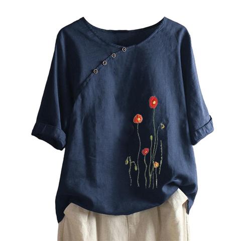 Estilo chino Blusa de manga larga de las mujeres de cuello en O bordado Floral Vintage camisa blusa Top Mujer ► Foto 1/6