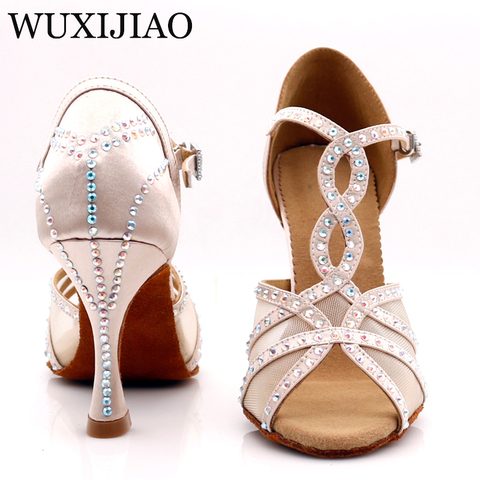 WUXIJIAOLatin-zapatos de baile para mujer, calzado de cena, piel de bronce, malla satinada negra, diamantes de imitación brillantes, zapatos de salsa de tacón alto de 9 cm ► Foto 1/6