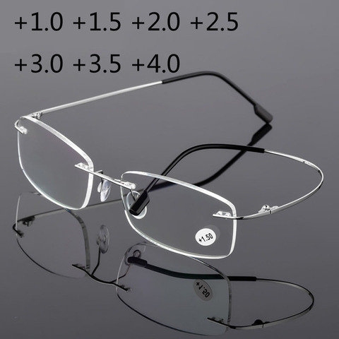 Gafas de lectura sin montura para hombres y mujeres, lentes de aleación de titanio cuadradas plegables sin marco, presbicia + 1,0 + 1,5 + 2,0 + 2,5 + 3,0 ► Foto 1/4