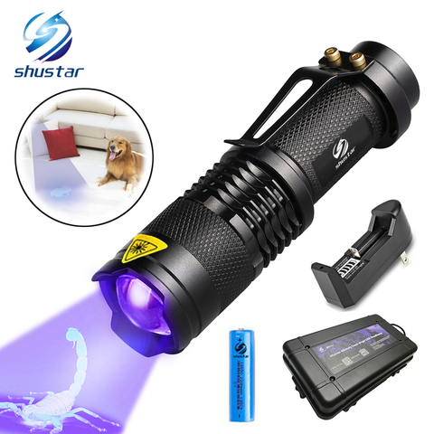 Lámpara ultravioleta UV para mascotas con zoom, linterna de luz ultravioleta UV para mascotas con función de zoom, luz negra para detectar manchas de orina, escorpión, batería de AA/14500 ► Foto 1/6