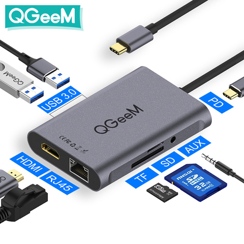 QGeeM 8 en 1 USB C para Macbook Pro Hub USB 3,0 adaptador de HDMI RJ45 SD TF Aux de 3,5mm tipo C Hub para iPad Pro del divisor del muelle ► Foto 1/6