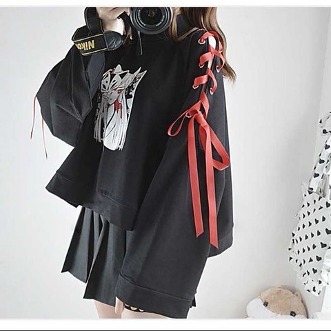 Japonés sudadera Lolita mujeres Vintage Harajuku Anime impresa con zorros de encaje de manga larga con capucha camisas Chica oscura Punk calle Tops ► Foto 1/6