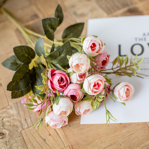 15 cabezas/1 paquete té de seda ramo de rosas de novia para casa Navidad año de nuevo de boda decoración artificial plantas flores ► Foto 1/6