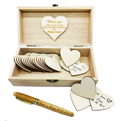Libro de invitados de boda personalizado con corazones, caja de recuerdo de madera con nombre personalizado, pluma de bambú, decoración de boda ► Foto 1/6