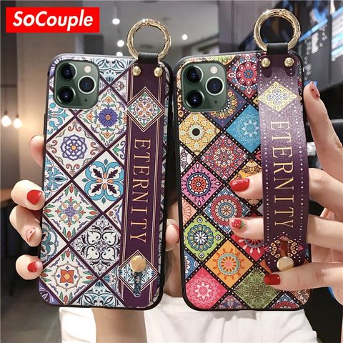 SoCouple para iPhone 11 funda soporte para teléfono para iPhone 7 8 6 6s plus X XR XS 11 pro max suave TPU correa de muñeca flor hoja cubierta ► Foto 1/6