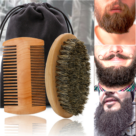 Cerdas de jabalí suaves de alta calidad, cepillo de madera para Barba, herramienta de afeitar para peluquería, Kit de peine para bigote con bolsa de regalo, Juego de cepillos para el pelo ► Foto 1/6