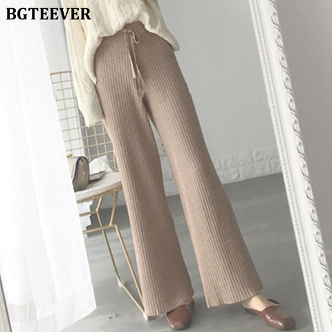 BGTEEVER-pantalones de pierna ancha para mujer, pantalón de punto Vintage suave, cintura elástica con cordones, suéter suelto, Otoño, 2022 ► Foto 1/6