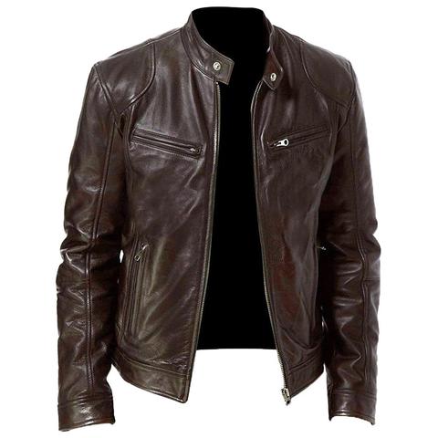 Chaqueta de cuello levantado para hombre, Chaqueta corta de cuero de imitación con cremallera para motocicleta, abrigo cálido a prueba de viento, Otoño e Invierno ► Foto 1/6