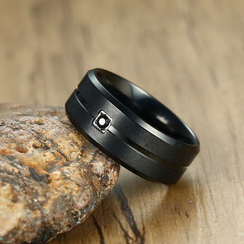 ZORCVENS-Anillo de boda de acero inoxidable y bisel cuadrado para hombre, 8MM, negro, incrustaciones acanaladas de Circonia cúbica, ajuste cómodo, joyería masculina ► Foto 1/6