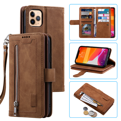 Funda de cuero con cierre de cremallera para móvil, carcasa de libro con cartera, 9 tarjetas, para iPhone 12 Pro Max 11 Pro SE 2022 10X6 6s 7 8 Plus XR XS Max ► Foto 1/6