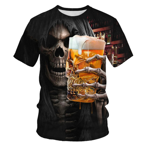 Camiseta con estampado de calavera para hombre, camiseta informal con estampado de cerveza, camiseta de marca de alta calidad, ropa alt ► Foto 1/6