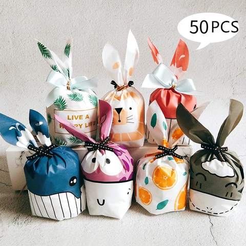 Bolsas de dulces de orejas largas de conejo, suministros de embalaje de galletas de conejo, bolsas pequeñas de aperitivos, regalo de recuerdo de boda, 50 Uds. ► Foto 1/6