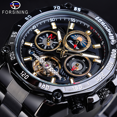 Forsining-Reloj de pulsera para hombre, de lujo, negro, con mecanismo automático de Tourbillon, calendario, fase lunar, correa de acero ► Foto 1/6