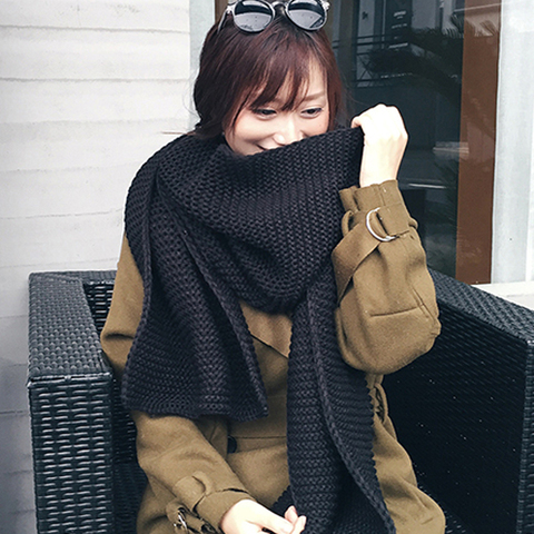 Bufanda de lana coreana para mujer, pañuelo largo y grueso de punto, rojo, negro, blanco y Beige, para invierno ► Foto 1/4