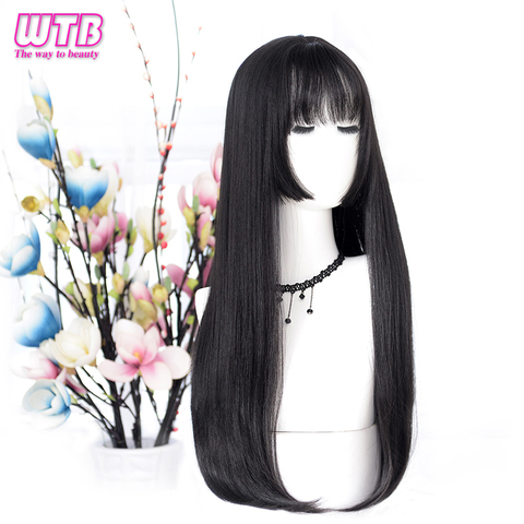 WTB-pelucas de pelo largo liso para mujer pelucas de Lolita sintética negra con flequillo para mujer, moda femenina, Cosplay, fiesta, navidad, regalos gratis ► Foto 1/6