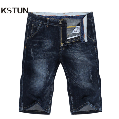 KSTUN-pantaloncillos vaqueros para Hombre, pantalones vaqueros elásticos, diseño de moda azul oscuro, Vaqueros cortos ajustados rectos para Hombre ► Foto 1/6