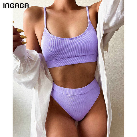 INGAGA-Bikinis de cintura alta para mujer, trajes de baño con Push-Up, traje de baño de tirantes, Bikini liso para mujer, ropa de playa 2022 ► Foto 1/6