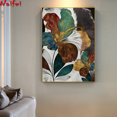 Pintura de diamantes de flor de floración de Oro Abstracto, cuadro de pared de lujo bordado de diamantes azules modernos para sala de estar en Arabia Saudita ► Foto 1/6