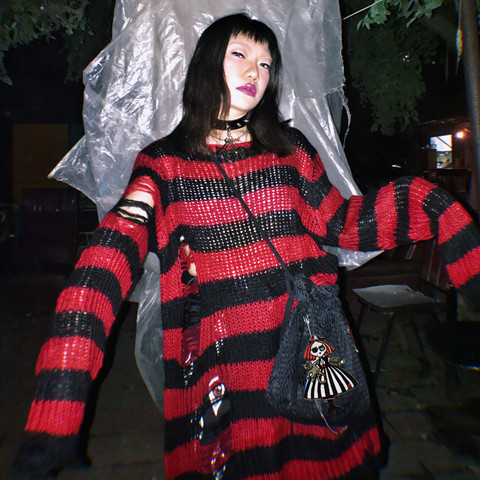 Harajuku suéter de mujer Punk gótico a rayas suéter de punto hueco agujero roto Jumper suelta Jersey largo ropa de calle Chic ► Foto 1/5