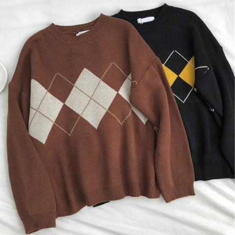 De invierno suéter De punto De Mujer De gran tamaño sudaderas Argyle Ropa De moda hembra De manga larga De Corea cultivos Top mujeres Ropa De Mujer ► Foto 1/6