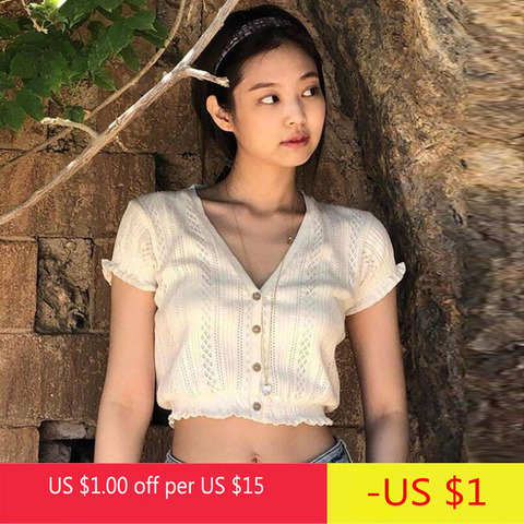 Verano coreano de Mujer Tops de manga corta Sexy V cuello botones camiseta corte Mini camisas de punto de moda de Hallow Out señoras Tops blanco ► Foto 1/6