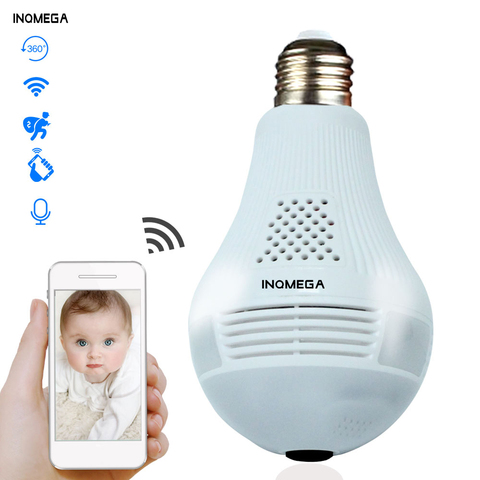 SaleINQMEGA-Luz LED de 360 grados 1080P, inalámbrica, panorámica, seguridad para el hogar, WiFi, Bombilla de ojo de pez CCTV, cámara IP para lámpara, Audio de dos vías ► Foto 1/6