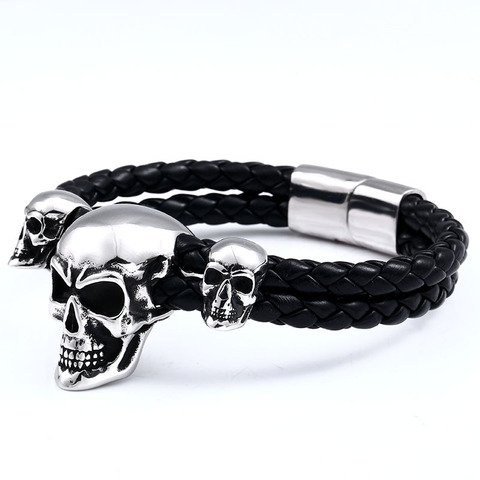 BEIER-pulsera de cuero con Triple calavera Punk para hombre, de acero inoxidable, 316L, regalo de joyería de alta calidad ► Foto 1/6