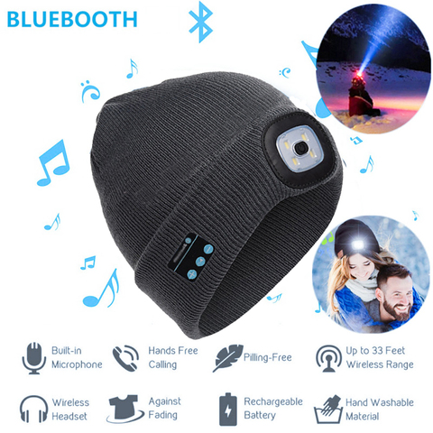 Gorros de punto con Bluetooth para hombre y mujer, gorro de punto liso e informal con luz LED, gorro inteligente inalámbrico, auriculares y altavoz, para otoño e invierno ► Foto 1/5