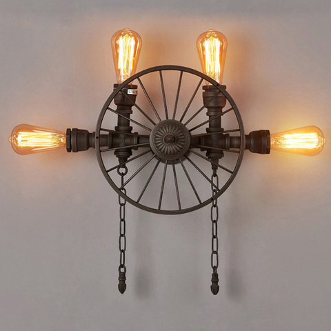 Lámpara de pared con rueda de hierro, luz industrial vintage, para balcón, restaurante, bar, Retro americano, aplique de luz de pared para tubería de agua ► Foto 1/6