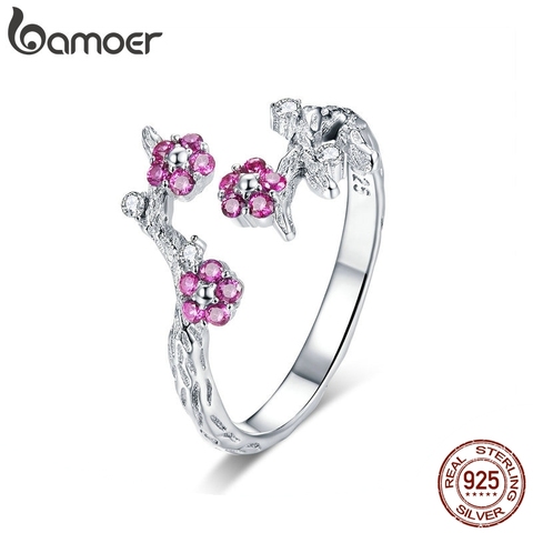 BAMOER-100% Plata de Ley 925 de boda con flores de ciruela para mujer, sortijas abiertas de tamaño, joyería de compromiso, BSR022 ► Foto 1/6