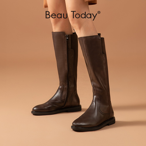 BeauToday-Botas Largas de piel de vaca auténtica para mujer, botas con cremallera lateral y punta redonda, zapatos planos hechos a mano, 01217 ► Foto 1/6