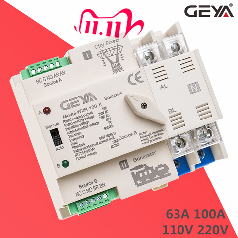 GEYA-controlador de potencia W2R ATS 2P Interruptor de Transferencia Automática, selectores sin interrupción 63A 100A 110V 220V, novedad ► Foto 1/6