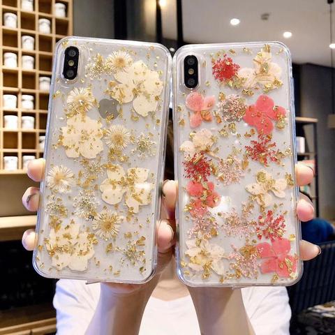 Qianliyao-funda de teléfono con flores secas reales, cubierta suave de oro, plata y platino para iphone 12 11 pro max X XS XR 7 8 plus 6 6s SE ► Foto 1/6