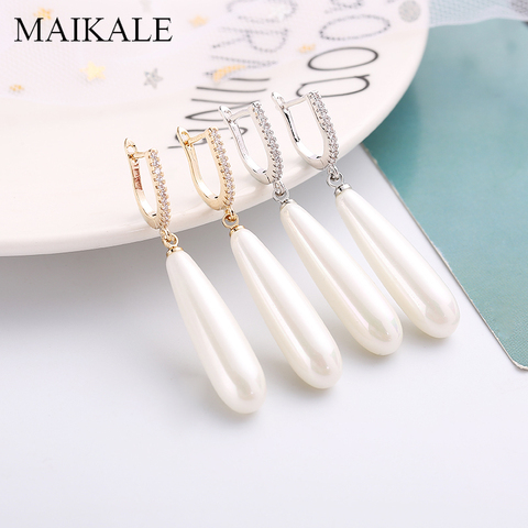 MAIKALE-pendientes de gota de agua larga para mujer, aretes de perlas AAA, Circonia cúbica chapada en oro, aguja hipoalergénica, regalos ► Foto 1/6