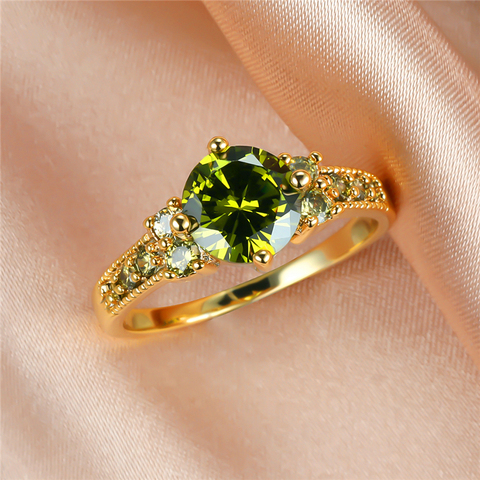 Anillo de piedra de cristal verde oliva para mujer, sortija de boda fina, de lujo, circón redondo, de compromiso, Vintage, Color dorado ► Foto 1/6