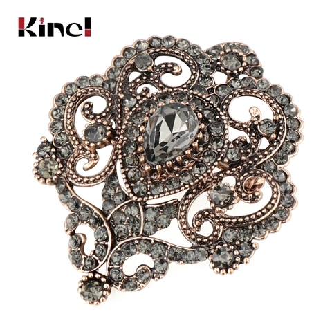 Kinel Vintage-broche de flor turca para mujer, Pin de cristal gris, broche de diamante joyería, ramillete de solapa con patrón de Cachemira de Arabia ► Foto 1/6