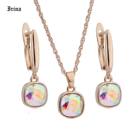 Pendientes de oro rosa y cristal de diseño cuadrado pequeño de estilo ruso para mujer, conjunto de joyería con colgante, regalo para mujer, joyería 585 ► Foto 1/6