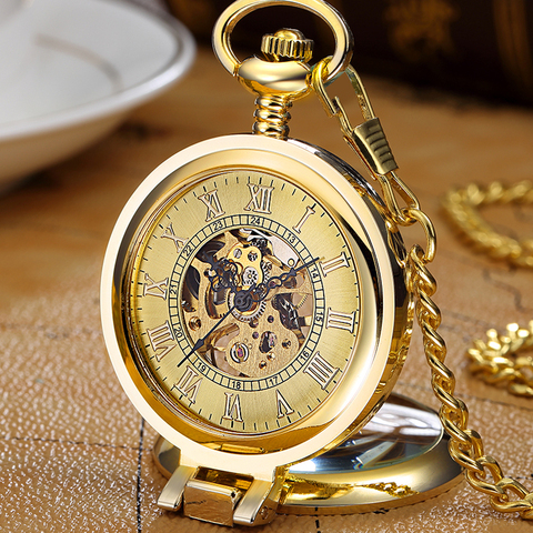 Reloj de bolsillo mecánico de esqueleto hueco dorado Retro de lujo para hombres cadena Fob acero exquisita escultura mujeres bolsillo Wath Gifs ► Foto 1/6