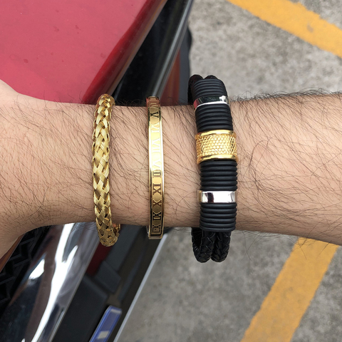 3 unids/set hombres cuero negro romano brazaletes conjunto de acero inoxidable pulsera trenzado pulseras brazaletes brazalete para hombres HipHop Jeweley ► Foto 1/6