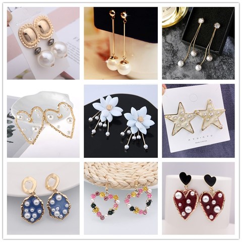 Pendientes colgantes grandes de perlas de imitación para mujer, aretes de flor y estrellas con corazón geométrico para fiesta de boda, regalo de joyería coreana ► Foto 1/6