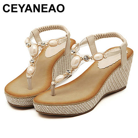 CEYANEAO-Sandalias bohemias con cuña de diamante para mujer, Chanclas de gladiador para playa, zapatos de verano para estudiantes, YDT533 ► Foto 1/6