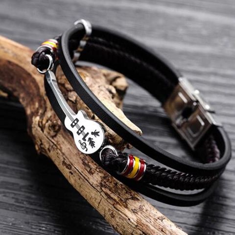 Pulsera de cuero trenzado con varias capas para hombre y mujer, brazalete de cuerda con correa de instrumento Musical ► Foto 1/6