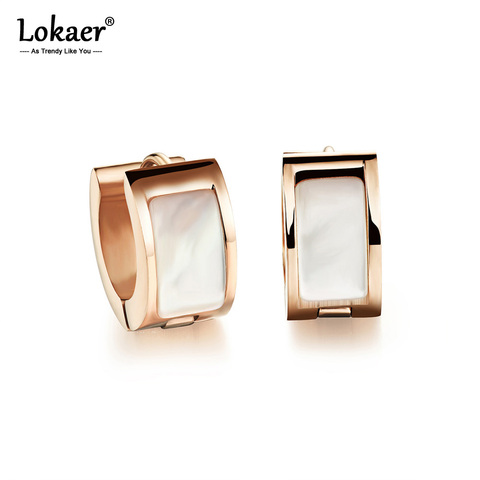 Lokaer-pendientes argolla de moda para mujer y niña, aretes clásicos de acero inoxidable con superficie de concha, Color oro rosa, 316L, E17086 ► Foto 1/5