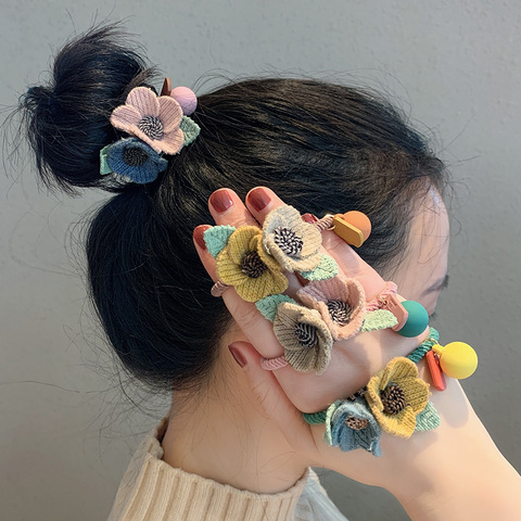 Diademas de lana para niña y mujer, bandanas elásticas simples de dos flores, banda de goma bonita, accesorios para el cabello a la moda ► Foto 1/6