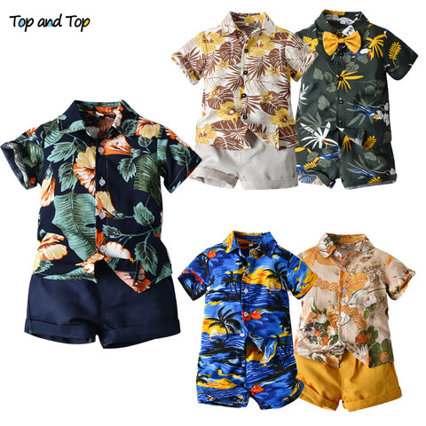 Partes de arriba hawaianas para niños, ropa informal, Camisa estampada de manga corta y pantalones cortos, traje Infantil, 2 uds. ► Foto 1/6