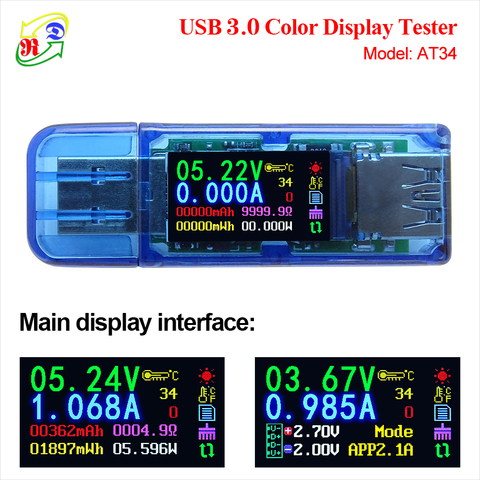 RD AT34 AT35 USB 3,0 color LCD voltímetro amperímetro medidor de corriente de voltaje multímetro batería carga banco de energía USB probador ► Foto 1/6