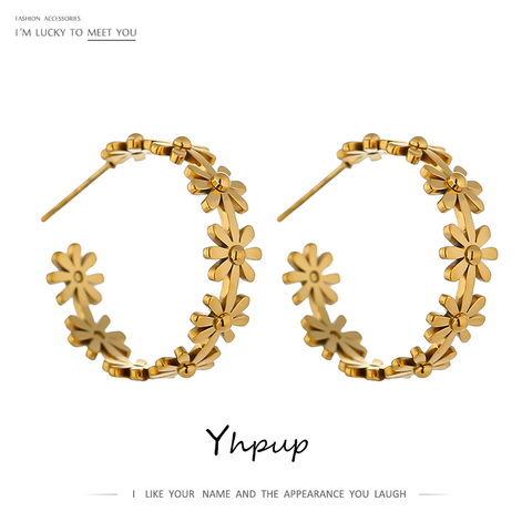 Yhpup pendientes de tuerca de flor redonda de acero inoxidable aro moda Metal dorado pendientes de marca de moda regalo de fiesta, joyería 2022 ► Foto 1/6